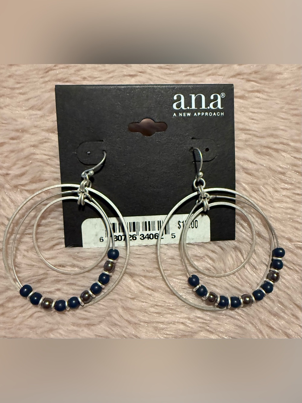 a.n.a Silver Double Hoop Earrings with Navy and Metallic Beads